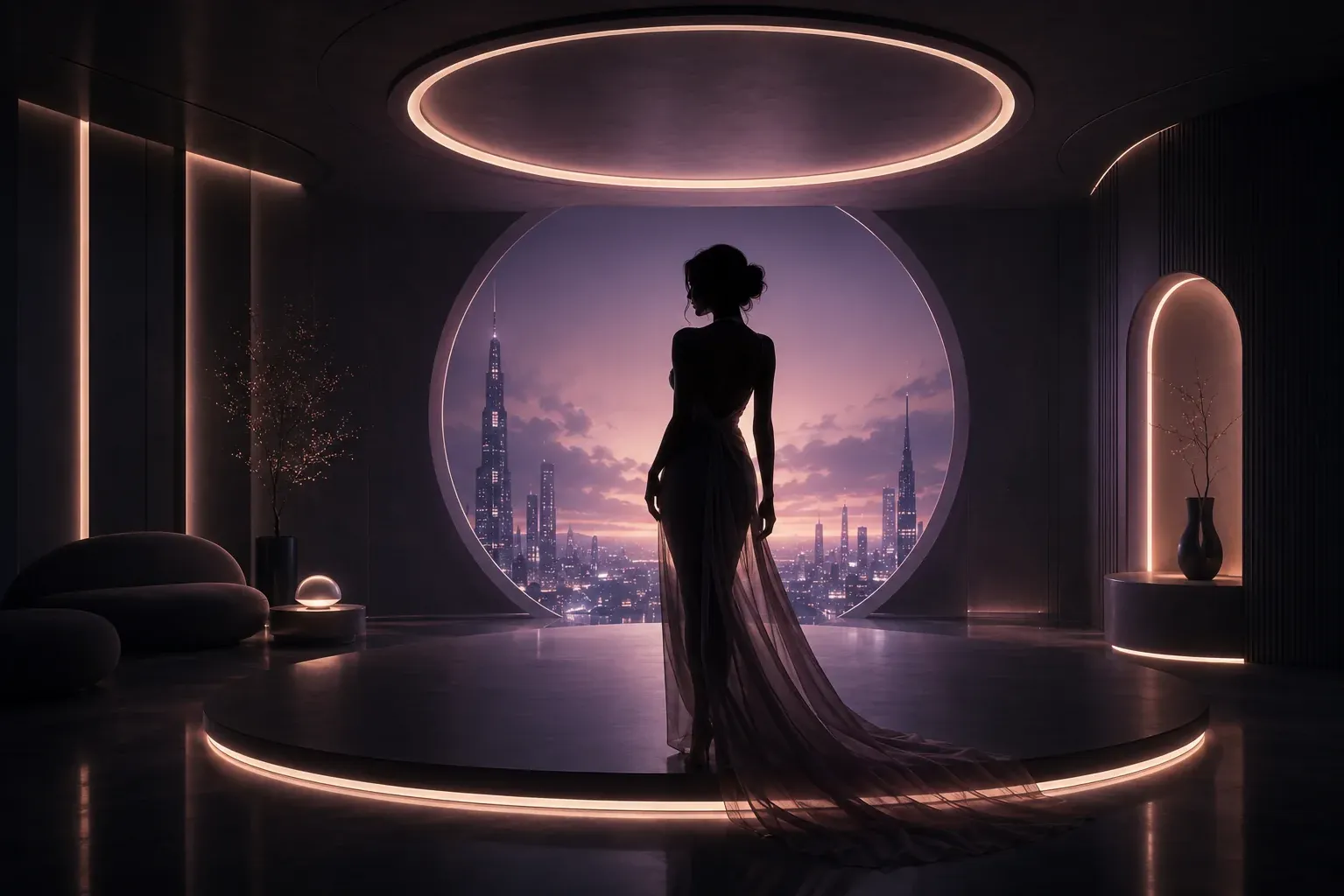A creator overlooking a futuristic city from her private studio