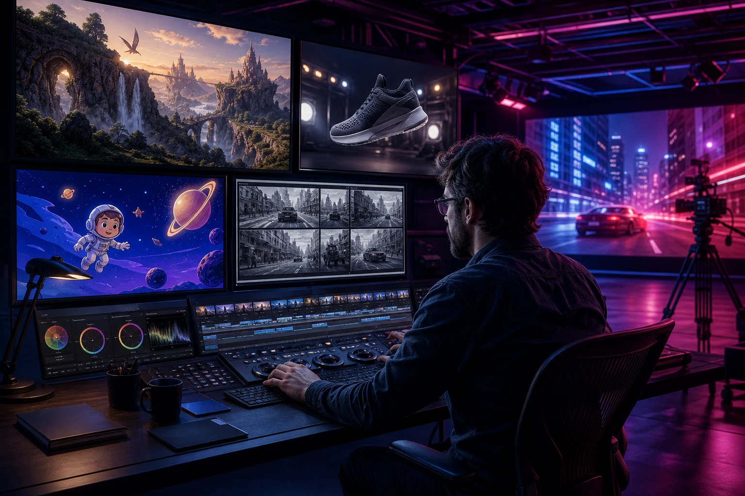 A filmmaker directing stories, animation, and product campaigns from a production suite
